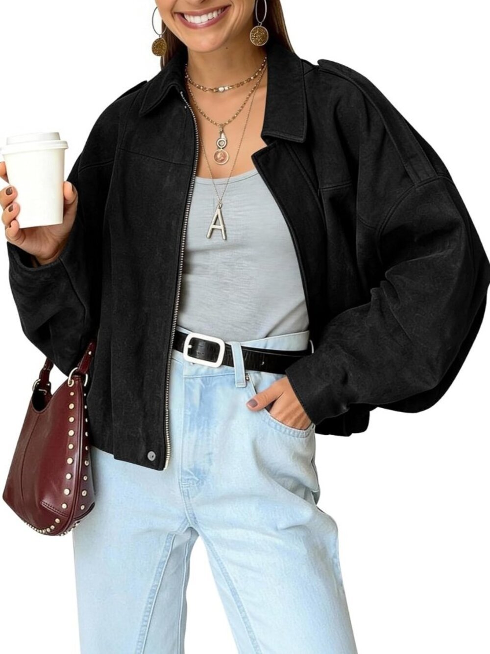 Women's Faux Suede Bomber Jacket Oversized Batwing Long Sleeve Zip Up Black